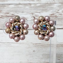 Vintage Clip On Earrings Dusky Pink, Iridescent Bead &amp; Gold Tone - £10.26 GBP