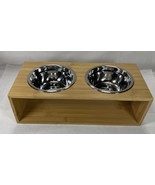 Elevated Raised Dog Bowl Wooden Stand Stainless Steel Bowls Food Water  ... - $16.34