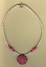 Fresh Water Pearl and Rhonodite Rose Flower Pendant Necklace - $54.53 CAD