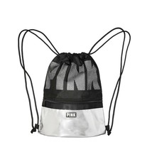 Victoria’s Secret PINK Logo Metallic Silver &amp; Black Mesh Drawstring Backpack Bag - £22.78 GBP