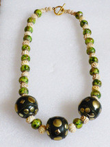 Green glass & cream rose beaded 3 large ball toggle clasp fashion necklace 21"L - $29.70