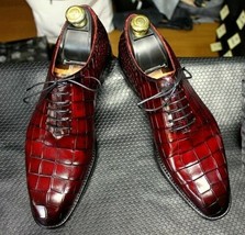 Handmade Men&#39;s Burgundy Crocodile Embossed Calfskin Leather Dress Shoes For Men - £101.68 GBP+