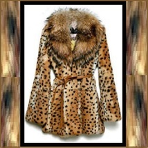 Thick Raccoon Fur Collar Leopard Print Medium Length Faux Fur Coat Jacket image 4