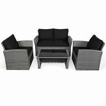 4 Pieces Patio Rattan Furniture Set Sofa Table with Storage Shelf Cushio... - $424.95