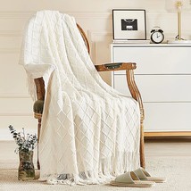 Off White Lightweight Decorative Blankets And Throws, 50&quot; X 60&quot;, Inhand Knitted - £25.52 GBP
