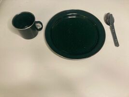 Vintage Enamelware Camping Set Cup, 10" Plate plus Silverware Set Outdoo... - $14.50