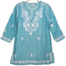 Gretchen Scott Tunic Top Size S Blue Floral Embroidered Sheer Cotton Fabric - £14.90 GBP
