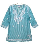 Gretchen Scott Tunic Top Size S Blue Floral Embroidered Sheer Cotton Fabric - £14.24 GBP