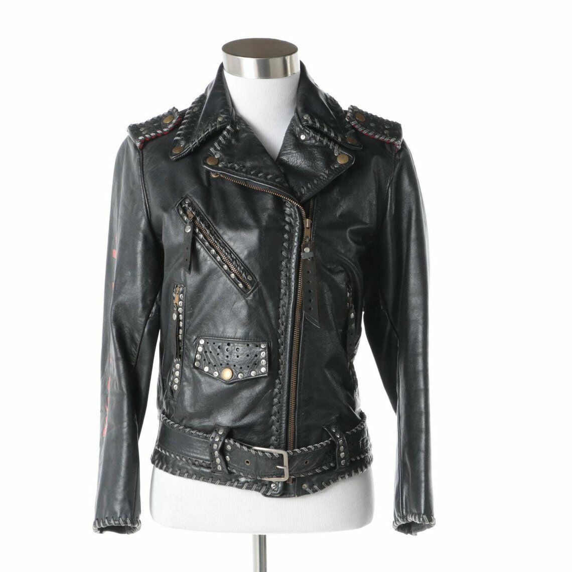 Men's Black Biker Chinese Character Moto Real Leather Silver Small Studs Jacket