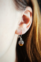 Acorn silver and Baltic amber earrings. Dangling natural design earrings. - £41.79 GBP