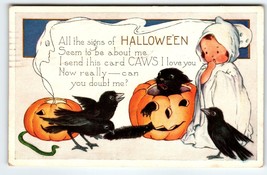 Halloween Postcard Black Cat Inside JOL Pumpkin Black Crows Ghost Girl Whitney - £41.11 GBP
