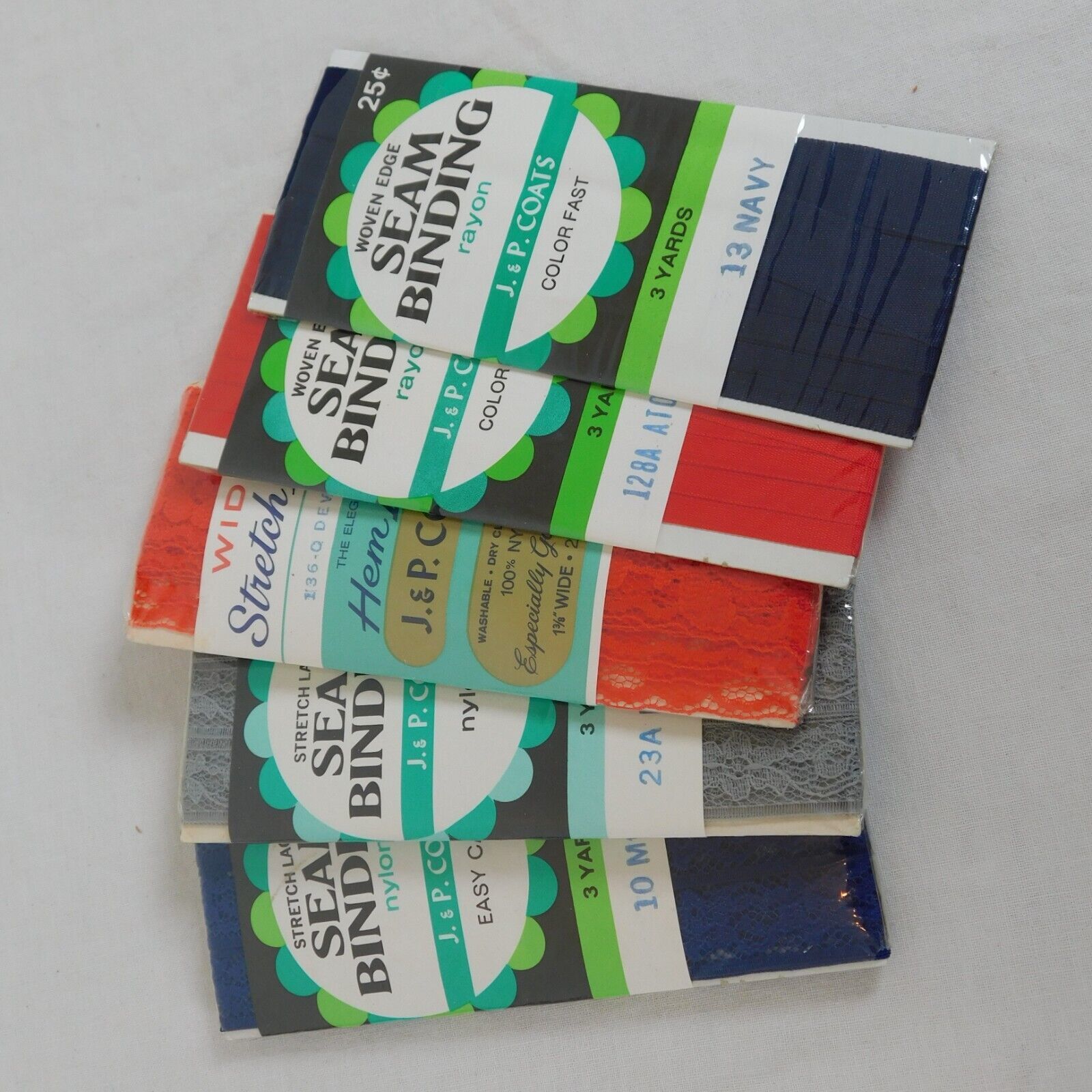 Seam Binding Tape Lot of 5 New Unopened Lace Woven J&P Coats Blue Red Gray Mix - $14.52
