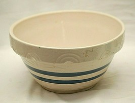 RRP Pottery Primitive Stoneware Crock Mixing Bowl Cobalt Blue Bands Roseville OH - £63.22 GBP