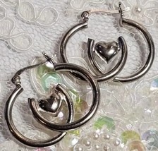 Puffy Twin Love Hearts Double Hoops Pierced Earrings 835 Silver 4.8 Grams - £10.27 GBP