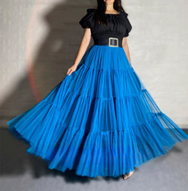 BLUE Tiered Tulle Maxi Skirt Outfit Women Custom Plus Size Fluffy Tulle Skirt image 1
