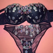 Victoria&#39;s Secret 38DDD Bra Set L Panty Navy Blue Pink Teal Bejewel Embroidered - £77.86 GBP