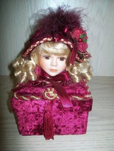 Keep Sake Trinket Box Victorian Velvet Girl Burgundy Color Blonde Hair - £15.76 GBP
