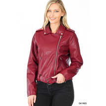 Dark Red Leather Jacket Womens   Moto Jacket Urban Trendy Elegant Vegan ... - £39.95 GBP