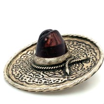 Vtg Sterling Signed 925 Mexican Sombrero Hat Inlay Smoked Amethyst Stone Brooch - £51.59 GBP