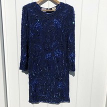 Vintage 80s Stenay Womens Sequin Silk Dress 10 Blue Navy Beaded Party Cocktail - £39.02 GBP