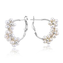 Boho Elegance White Pearl Cluster Latch Back Sterling Silver Hoop Earrings - £13.75 GBP