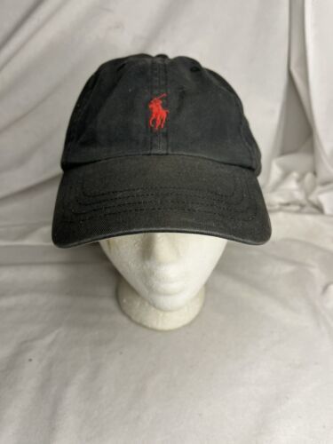 Polo Cap Ralph Lauren Polo Pony Black Hat One Size Leather Adjustable Strap Red - $14.85