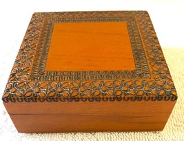 Vintage Polish Brown Wooden Jewelry Trinket Box Carved Floral Design - £22.94 GBP