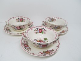 Masons Vintage Ironstone Fruit Basket Set Of 3 Cream Soup Bowls With Saucers - £46.35 GBP