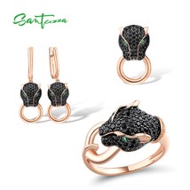 925 Sterling Silver Jewelry Set For Women Animal Black Leopard Panther Ring Earr - £110.05 GBP