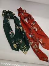 FLOWER GREEN RED PRINT SATIN SCRUNCHIES BOW HAIR ROPE TIES PONYTAIL SCARF - £4.94 GBP