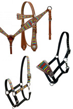 Western Horse Leather Bridle &amp; Breast Collar &amp; Halter Rainbow Chevron Design - £10.73 GBP+