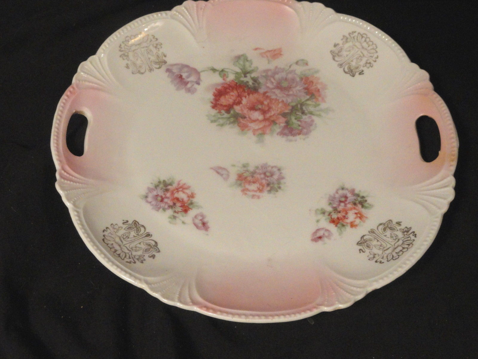 Primary image for White Porcelain Cookie Plate Pink flowers Gold Trim Scalloped Edges
