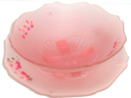 Satin Pink Bowl Plate Serving Frost Depression Glass Dish Hand Painted Vintage - £80.14 GBP