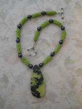Pistachio Green Necklace: Beaded Beads &amp; Yellow Turquoise Pendant, Sterling - £70.39 GBP