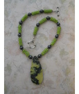 Pistachio Green Necklace: Beaded Beads &amp; Yellow Turquoise Pendant, Sterling - £70.00 GBP