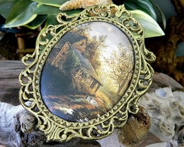 Vintage Padded Silk Cabin Cottage Landscape Ornate Oval Gold Frame  - £22.29 GBP