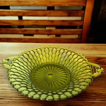 Indiana Glass Co. Avocado Green Honeycomb 2 Handled Relish Dish Bowl Tray MCM - £9.46 GBP