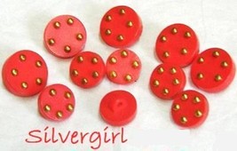 11 Red Gold Dot Round Thick Vintage Buttons - £5.58 GBP