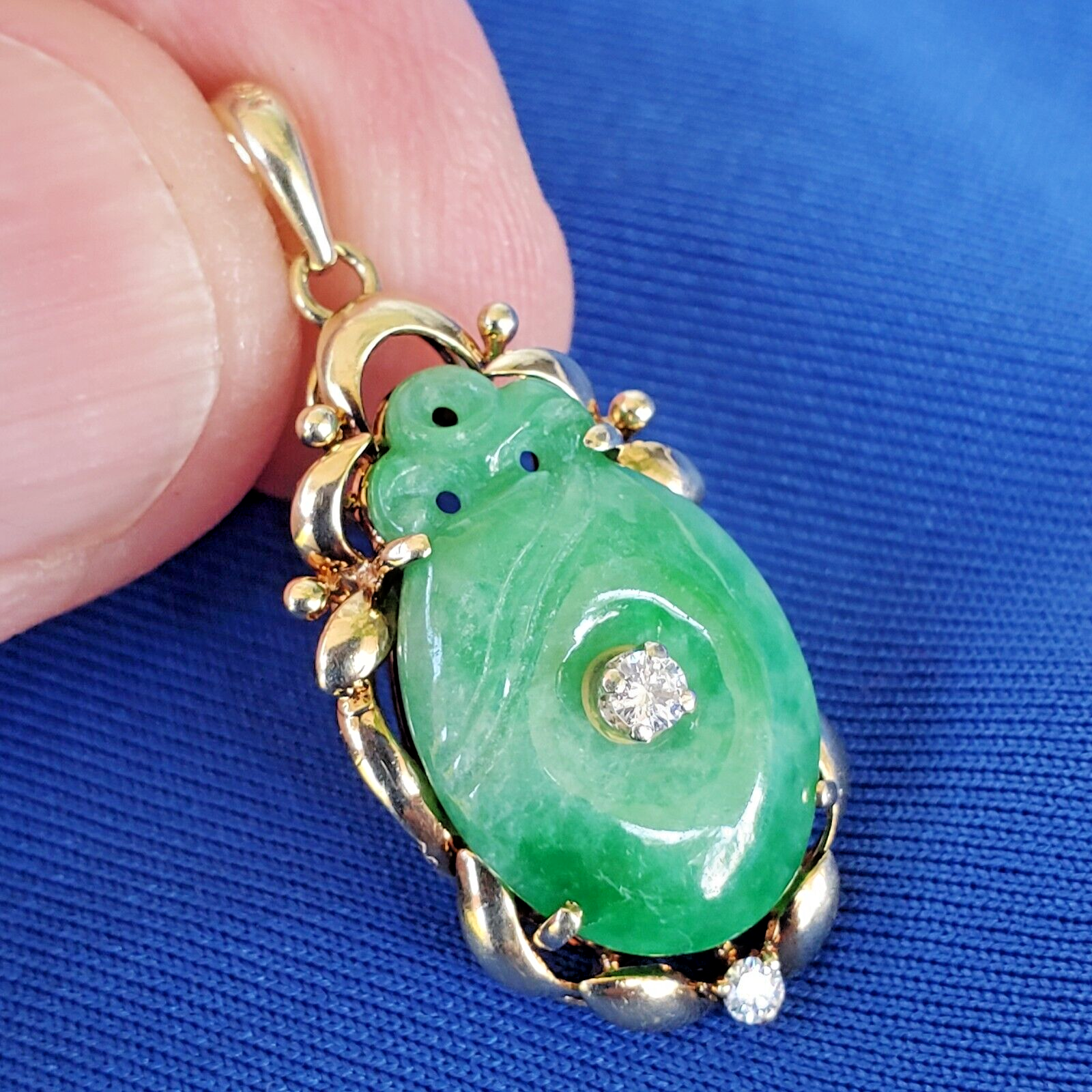 Primary image for Earth mined Jade Diamond Deco Pendant Vivid Green Vintage Charm Solid 14k Gold