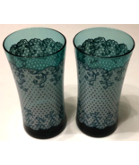 MCM Vintage Set of 2 Teal Aqua Frilly White Design Drinking Glasses 3 1/4&quot; - £23.70 GBP