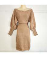 Women&#39;s Pearls Beaded Batwing Sleeve Sweater Dress Camel Beige Size S Fi... - $29.95