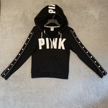 PINK Women Hoodie Small Black Logo Full Zip Snap Sleeves Victoria&#39;s Secret - £15.50 GBP