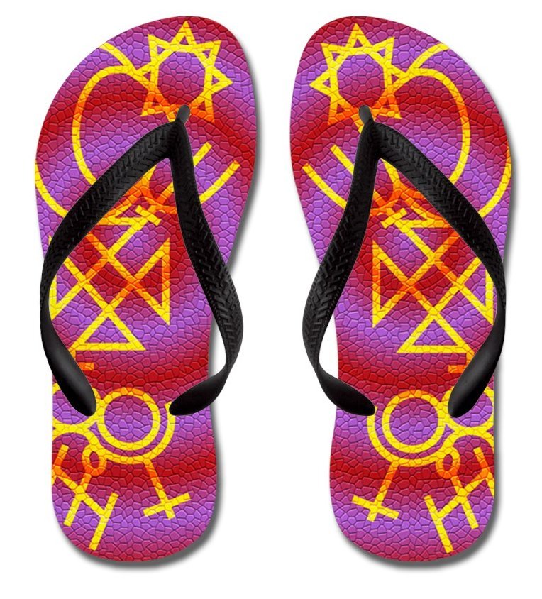 Alchemy Symbols Flip Flops with Black Straps - Women's