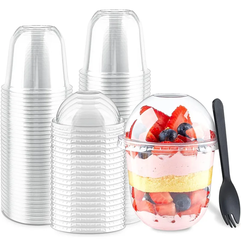 50 Pack 12OZ Clear Plastic Cups with Dome Lids and Sporks No Hole - £19.50 GBP