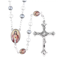 Sacred Heart of Jesus Centerpiece Rosary White Gray Imitation Pearl Catholic - £13.58 GBP
