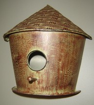 Hut Shaped Bird House 10" high Hanging Brown Patina Finish Metal with Perch