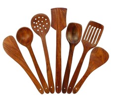Wooden Serving and Cooking Spoons Wood Brown Spoons Kitchen Utensil Set of 7 - £19.46 GBP