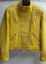 Yellow Studded Jacket Customized Handmade Biker Leather Jacket, Silver S... - $260.99