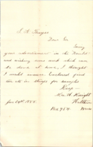 1885 Handwritten letter Signed Mrs W Knight Waltham Massachusetts - £29.01 GBP