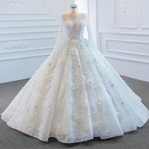 Beautiful Long Sleeve Ball Gown Wedding Dress Hand Made Flowers Sparkly Vestido  - £482.60 GBP